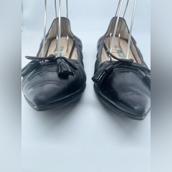 Prada Black Leather Cap toe logo embellish bow tie stretch ballerina flats EU 38 - Picture 6 of 13
